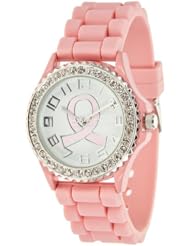 Womens Pink Breast Cancer Ribbon Silicone Crystal Small Face Watch