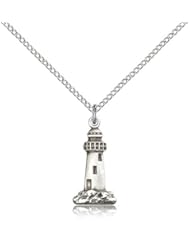 .925 Sterling Silver Lighthouse Medal Pendant 3/4 x 3/8 Inches -5922- Comes with a .925 Sterling Silver Lite Curb Chain Neckace And a Black velvet Box