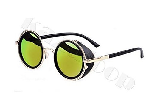 Mirror lens Round Glasses Cyber Goggles Steampunk Sunglasses Vintage Retro(Gold frame green silver)