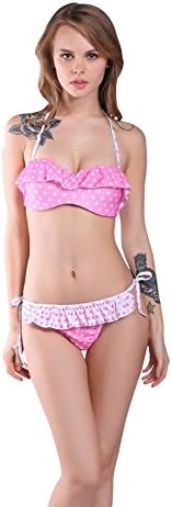 Polovi Women's Bathing Suit Halter Push Up Tie Side Brazilian Retro Bikini Pink