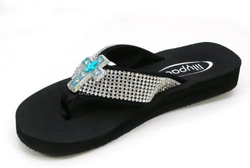 BLING ULTRA COMFY 8 ROWS RHINESTONE -CROSS/TUR CONCHO BLACK LOW FLIP-FLOPS (9)