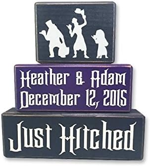 Wedding Haunted Mansion Hitchhiking ghost stacking wood blocks, painted sign blocks, Halloween decoration, unique disney fan gift, Primitive wood block signs just hitched