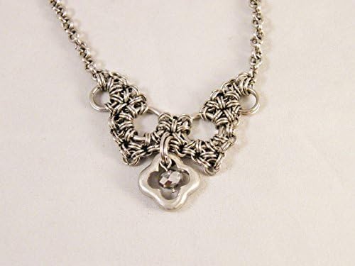 18 " Stainless Steel Bib Necklace Stepping Stone with Hand cast Pewter Quatrafoil Pendant