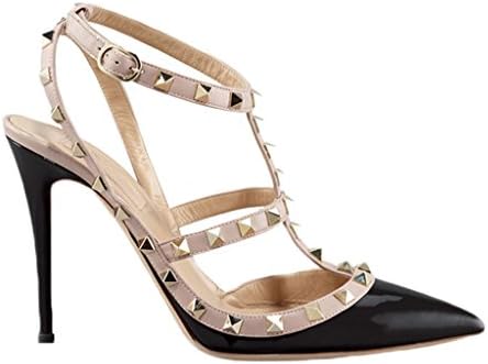 Littleboutique Metallic Strappy Sandal Pointed Toe High Heel Celerity Slingback Sandals Rivet Studded Stiletto Shoes black 8