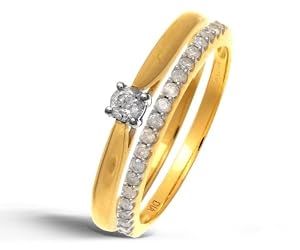 Ensemble Bague de fiançailles et alliance Femme - Or Jaune 375/1000 (9 Cts) 2.2 Gr - Diamant - T 54