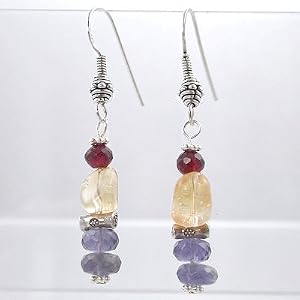 Citrine, Garnet, and Iolite Gemstone Bead Dangle Earrings with Sterling Silver Accent, #9437