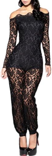 Pink Queen Womens Sexy Off the Shoulder All Over Lace Jumpsuit Romper Catsuits (L, Black)