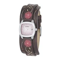 Fossil JR8780 Ladies Brown Leather Floral Stitch Strap Watch with Pink Analog Dial