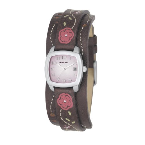 Fossil JR8780 Ladies Brown Leather Floral Stitch Strap Watch with Pink Analog Dial