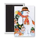 Snowman with Skis, 1998 (w/c on paper) by.. - 3x2 inch Fridge Magnet - large magnetic button - Magnet