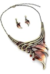 PammyJ Goldtone Brown Leaf Statement Necklace and Earrings Set, 16" + 3" Ext.