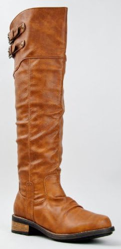 Qupid RELAX-01X Basic Casual Knee High Buckle Stacked Heel Riding Boot
