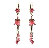Michal Negrin Dangle Earrings with Hand Painted Lilys, Beads and Fuchsia Swarovski Crystals - Very Feminine, Made in Israel