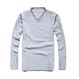 Allegra K Men V Neck Long Sleeve Knitted Pullover Sweater Light Gray XS