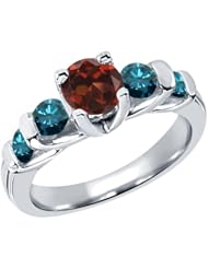 1.88 Ct Round Red Garnet Blue Diamond 18K White Gold Ring
