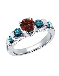 1.88 Ct Round Red Garnet Blue Diamond 18K White Gold Ring