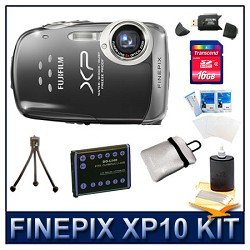 Fujifilm XP10 12 MP Digital Point and Shoot Camera (Black), 5X Zoom Lens, 2.7 LCD, Water-Proof, Shock-Proof, Freeze-Proof, HD Video 720p w/Sound, Reversible Neoprene Case, 3pc. Lens Cleaning Kit, 660mah Battery, 16 GB Memory Card, Card Reader, & More