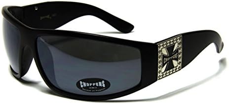 Choppers Bikers Shield Oversize Sunglasses Black Shiny Plastic Frame with Big Cross on Temple & Black Lens