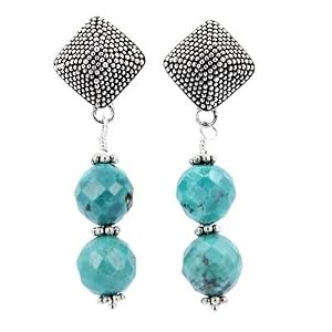 Round Faceted Turquoise Bead Dangle Earrings on Domed Diamond Shaped Sterling Silver Posts, 1 1/2" Length, #7750