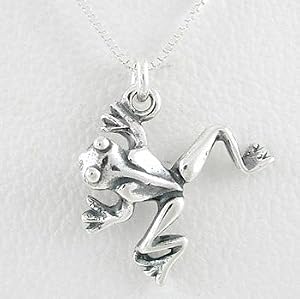 Three Dimensional Climbing Tree Frog Pendant in Sterling Silver on a 16" Box Chain, #8504