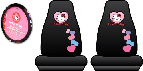 - A Set of 2 Front Universal Fit Bucket Seat Cover and Steering Wheel Cover - Sanrio Hello Kitty Hearts