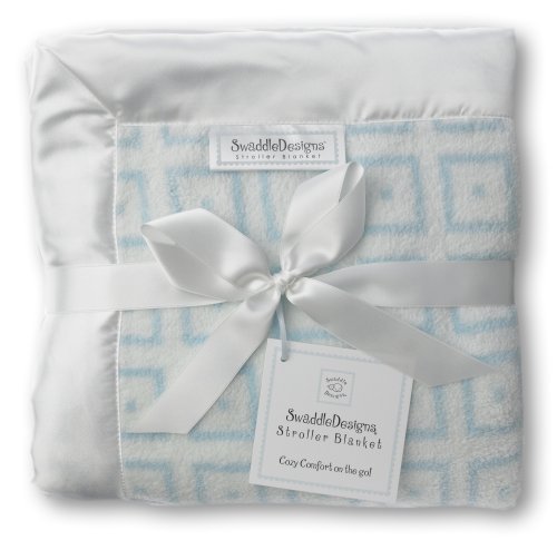 SwaddleDesigns Stroller Blanket Fuzzy Very Light Blue with Pastel Blue Mod Squares