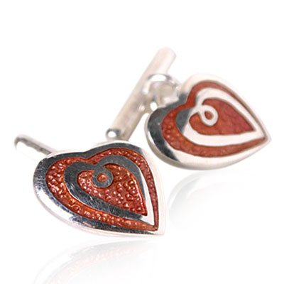 I Love You Heart Cufflinks with Sterling Silver and Salmon Enamel Heart with Presentation Box