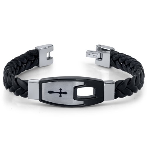 Mens Stainless Steel and Braided Leather Cross Motif Bracelet