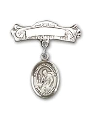 Sterling Silver Baby Badge with St. Alphonsus Charm and Arched Polished Badge Pin