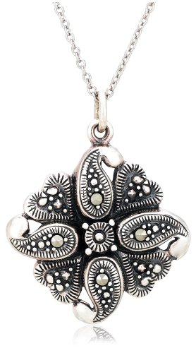 Sterling Silver Marcasite Flower Pendant, 18″