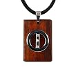 Stainless Steel Natural Redwood Cubic Zirconia Circle Line Rectangular Pendant w. Woven Faux Leather Necklace
