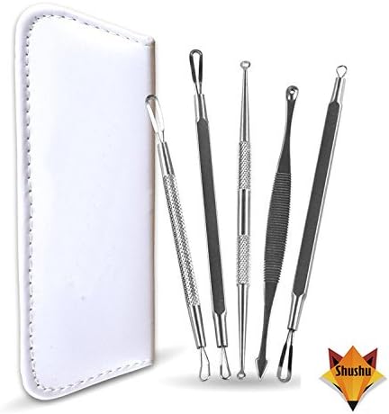 Blackhead &amp; Blemishes Remover Kit White By Shushu , Skin Care Acne Treatment 5 Professional Surgical Stainless Steel Best Extractor Tool Set , Premuim Case Included + Small Gift