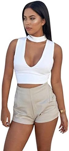 Megaerobe Women's Sleeveless Tank Tops Choker Crop Top Bralet Camisole (White, Small)