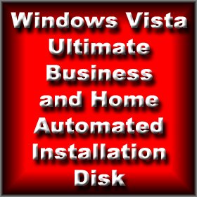 Automated Installation Disk for Microsoft Windows Vista Ultimate, Business or Home Edition SP1 that will repartition and format hard drive and perform clean unattended install to remove virus and software problems, repair and renew your computer.