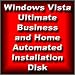 Automated Installation Disk for Microsoft Windows Vista Ultimate, Business or Home Edition SP1 that will repartition and format hard drive and perform clean unattended install to remove virus and software problems, repair and renew your computer.