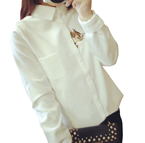 【ARINCO】 ネコ 猫 刺繍 キュート ブラウス シャツ レディース ホワイト 白 S M L XL