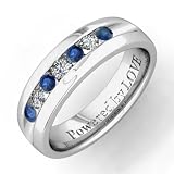 Engraved Mens 7 Stone Sapphire Diamond Wedding Band Comfort Fit in 18k White Gold (G, SI1, 0.40 cttw) 5MM, Powered by LOVE