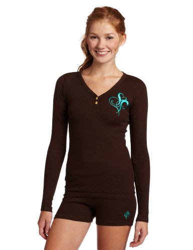 Southpole Juniors Henley Neck Long Sleeve Thermal Shirt With Matching Shorts, Dark Brown, Small