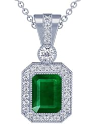 18K White Gold Emerald Cut Emerald And Round Diamond Pendant