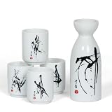 Japanese Sake Set with One Flask and Four Cups, Sumi Ink