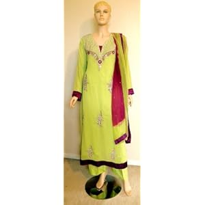 Designer Style Ladies Suit - Green and Purple with White Stone Work