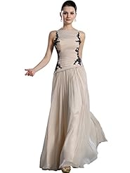 A-line Chiffon Sleeveless Bateau Neck Applique Lace Floor Length Dropped   Waistline Prom Dress 