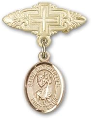 Gold Filled Baby Badge with St. Christopher Charm and Badge Pin with Cross
