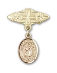14K Gold Baby Badge with St. Christopher Charm and Badge Pin with Cross