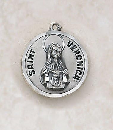 Sterling Silver St. Veronica with 18" Chain. St. Veronica's feast day is July 12th. She is the patron saint of Photographers and Laundry workers is symbolized by holding a veil bearing the face of Christ and carrying the crown of thorns.
