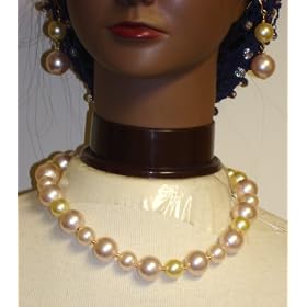 Click here to buy Light Pink Cultured Pearls Short Chain Necklace and Earrings for Women and Teens by Gita.