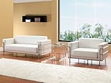 Modern White Leather Chair and Sofa Bed set with Frosted Glass and Chrome Matching Coffee Table