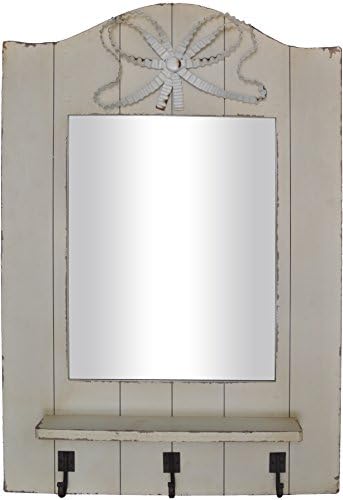 Distressed Wall Shelf with Rectangular Mirror and 3 Coat Hooks (Distressed White)