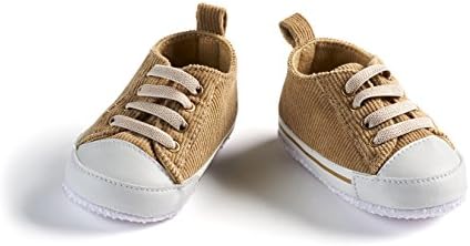 Beige Corduroy Baby Sneaker Shoes with Laces in Clear Gift Box with Ribbon Bow (0-6 Months)