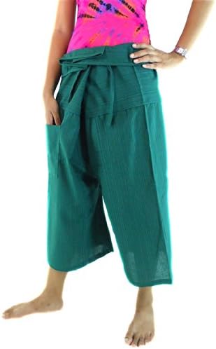 CandyHusky's Green Stripe Cotton Capri Fisherman Wrap Pants Trousers Yoga Pants